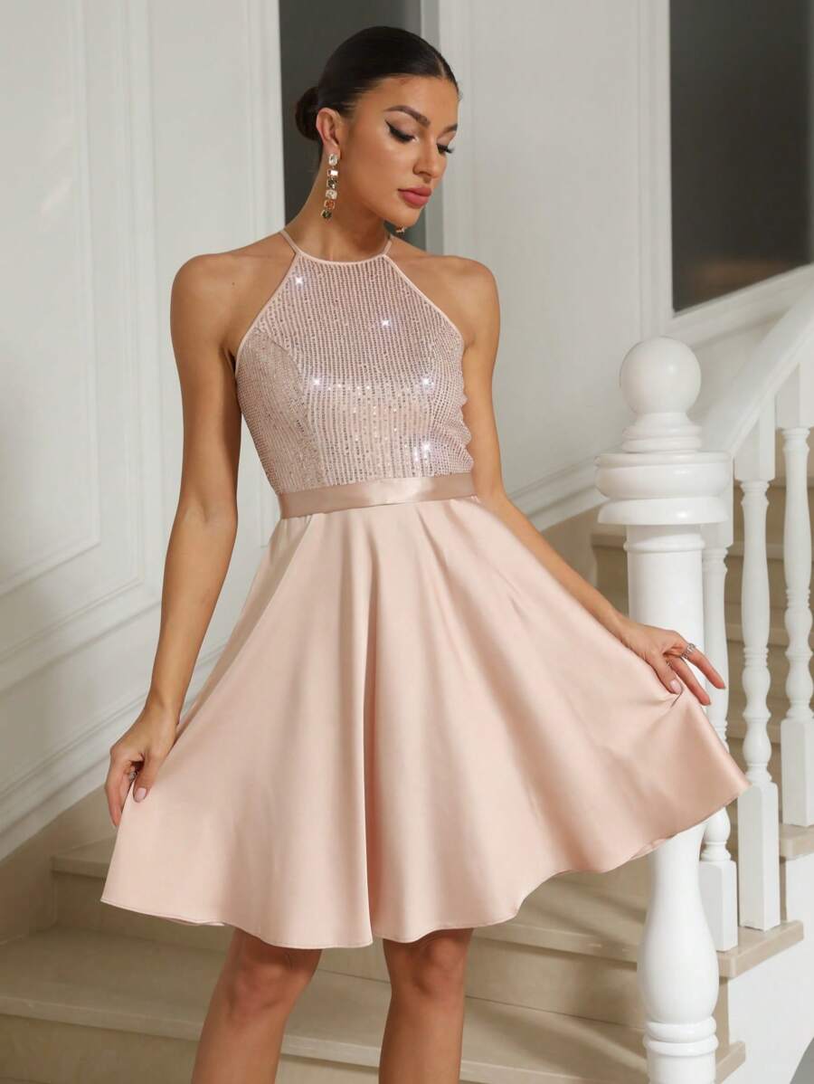 Zolique 女款優雅珍珠細部緞面拼接洋裝 - 香檳色 - 查看 1