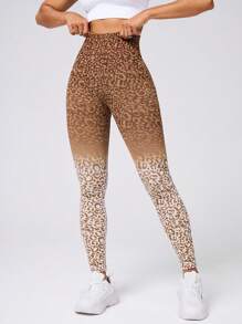 女士豹纹高腰日常健身运动紧身裤 - 棕色 - 查看 5
