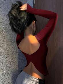 SHEIN ICON 女士春夏季純色圓領長袖修身休閒T恤 - 酒紅色 - 查看 1