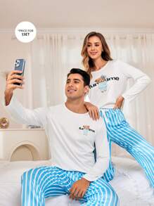 CoupledUp Conjunto de Pijama Masculino com Urso Fofo, Camiseta de Manga Longa e Calça de Cordão Listrada