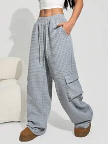 Flirla 女士休闲运动裤，块状纹理面料，多口袋运动裤