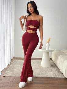 Flirla Y2K Sexy Solid Color Cutout Bandeau Casual Jumpsuit