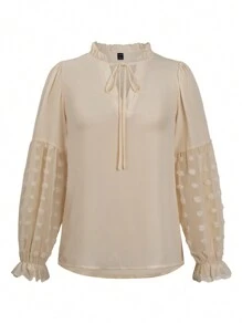 EMERY ROSE Swiss Dot Frill Trim Flare Sleeve Tie Neck Blouse,Ladies Casual Knot,Ruffle Long Sleeve Tie Neck Regular Fit Regular Apricot Flare Sleeve Top Women Blouses,Spring/Fall ,Casual Daily Wear