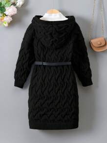 Young Girl Loose Fit Hooded Long Cardigan Sweater - Black - View 7