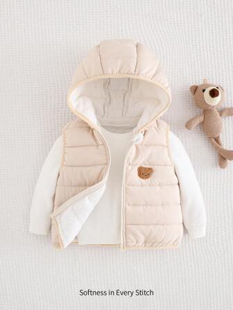 Cozy Pixies Baby Boy Cartoon Bear Pattern Hooded Zip-Up Fleece Vest