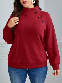 SHEIN LUNE Plus Size Women Stand Collar Button Trim Raglan Sleeve Casual Sweatshirt, Fall/Winter Christmas Women Clothes - Red - View 4