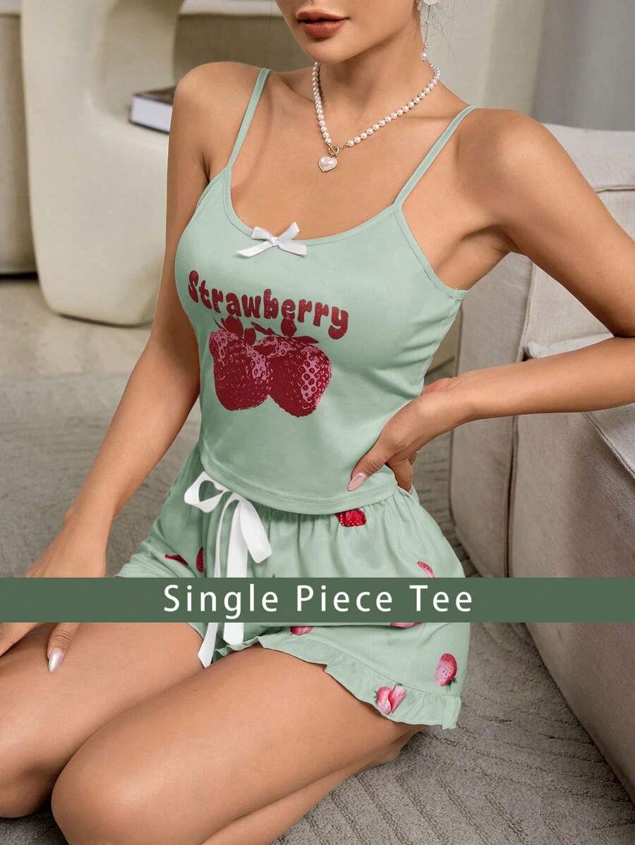 Top de pyjama d'été pour dames, motif Fille à la fraise
