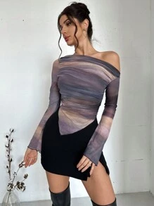 Firerie Áo thun dài tay trễ vai thời trang thu đông mới cho nữ thiết kế thanh lịch in họa tiết loang nhuộm viền bất đối xứng - Nhiều màu - Xem 7