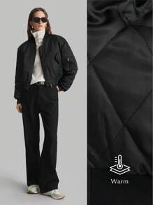 Ontre Women's Solid Black Long Sleeve Zip-Up Baseball Collar Padded Coat, Winter