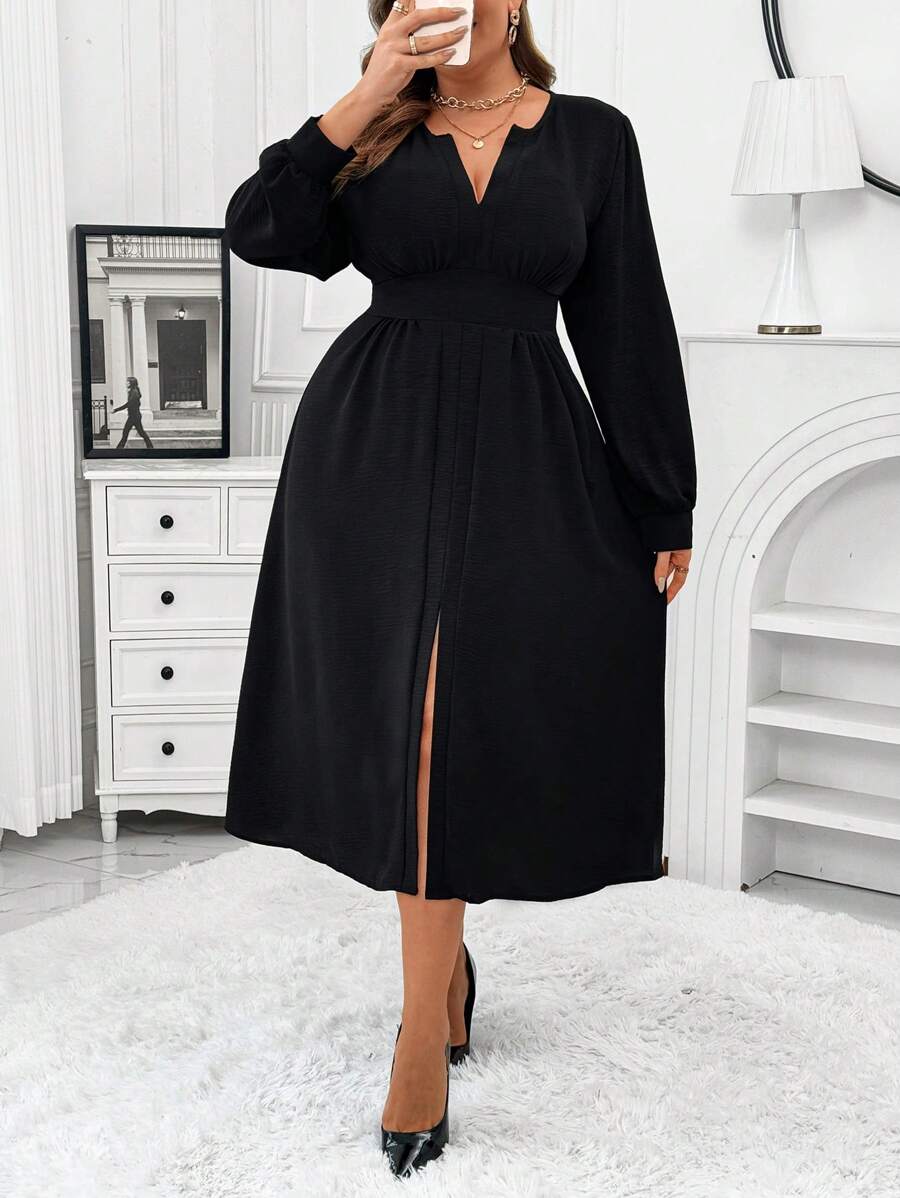 SHEIN Unity 加大码纯色甜心领高开叉收腰中长连衣裙长款女装 - 黑色 - 查看 1