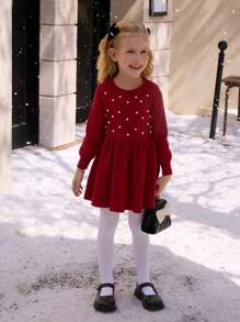 SHEIN Girls' Crew Neck Long Sleeve Knit Sweater Dress, Comfortable & Warm, Suitable For Autumn/Winter, Red, Fashionable & Versatile For New Year, Holidays, Daily Wear, Indoor, Outdoor, Travel