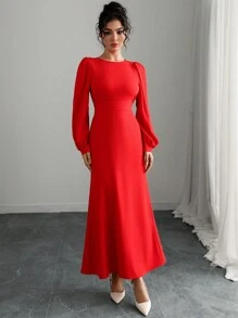SHEIN Unity Women's Red Elegant French Style Round Neck Lantern Sleeve A-Line Maxi Dress,Solid Autumn Party Long Dress For New Year Outfit Spring Winter Clothes - Red - View 5