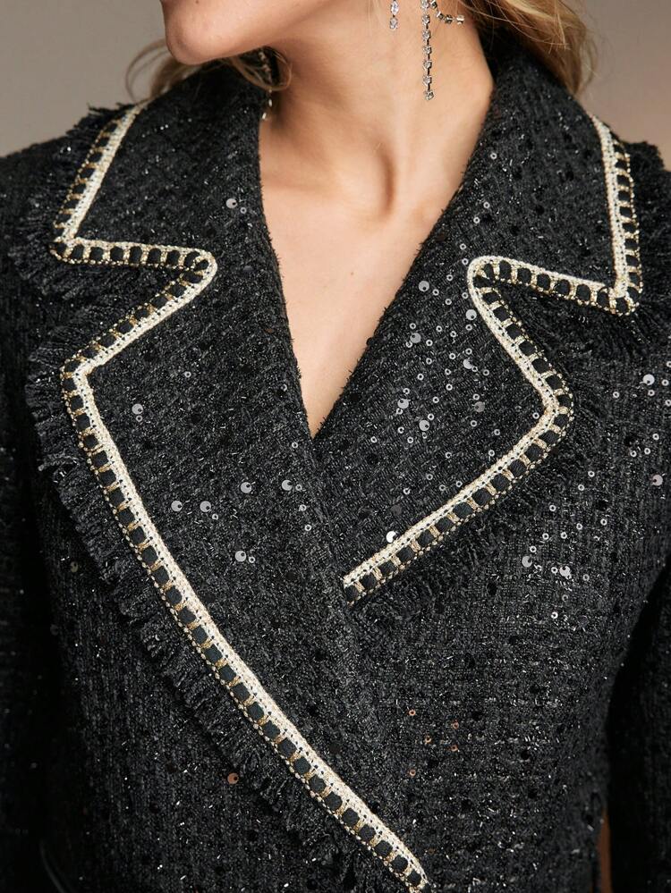 MOTF Soiréza TWEED CONTRAST TAPE TRIM LAPEL COLLAR DOUBLE BREASTED PLACKET OVERCOAT WITH BELT