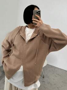 DAZY Women's Solid Color Hooded Loose Knitted Cardigan,Fall Women Clothes - Khaki - View 3