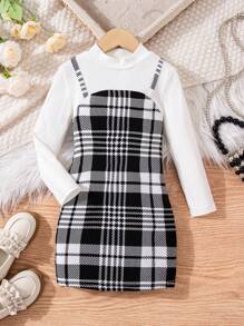 SHEIN Leap Crew Váy kẻ caro in họa tiết 2 trong 1 cho bé gái mặc vào dịp Giáng sinh, thích hợp mặc thường ngày & đi học hàng ngày vào mùa thu & đông - trắng - Xem 1