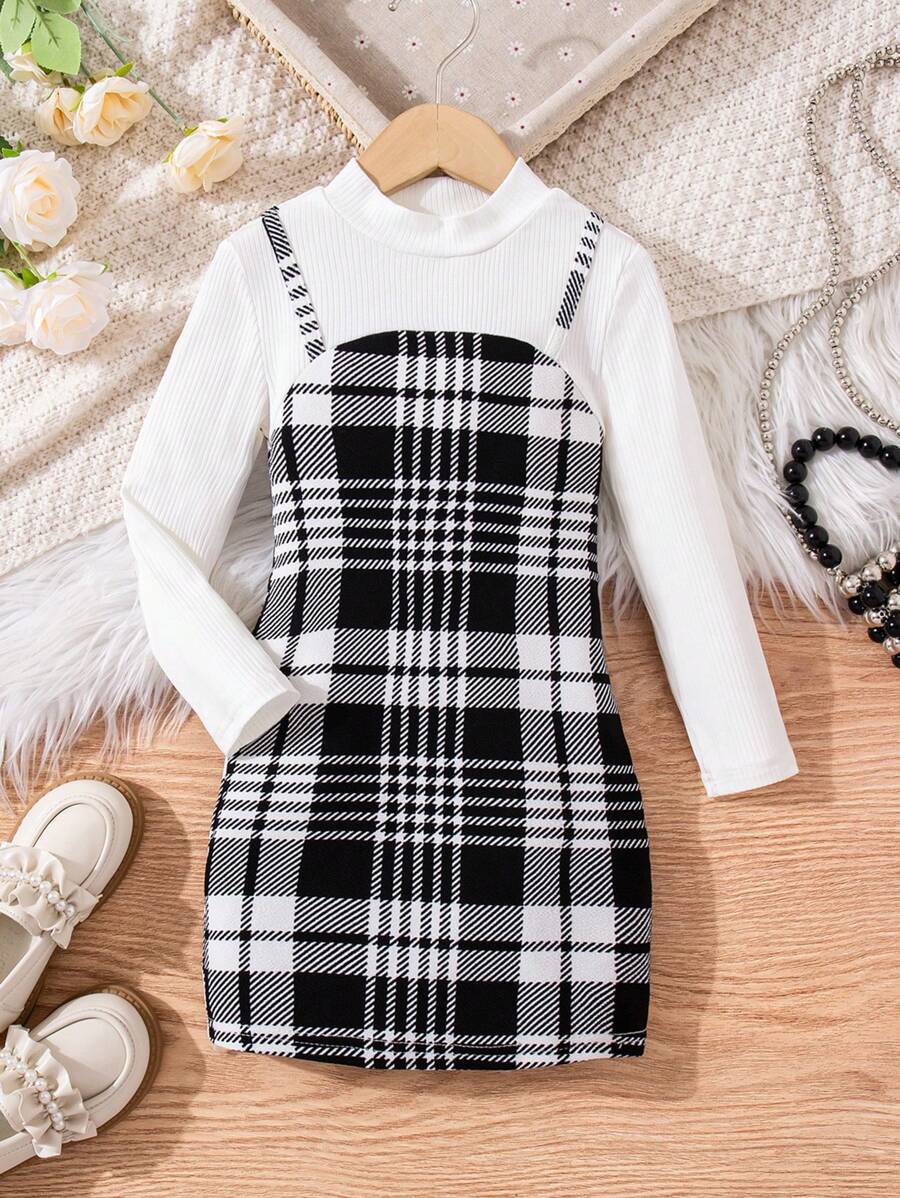 SHEIN Leap Crew Váy kẻ caro in họa tiết 2 trong 1 cho bé gái mặc vào dịp Giáng sinh, thích hợp mặc thường ngày & đi học hàng ngày vào mùa thu & đông - trắng - Xem 1