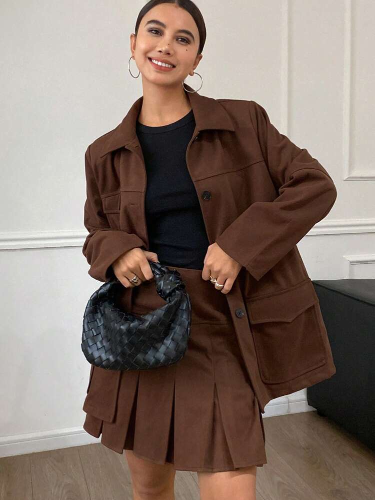 Solid Loose Pocket Long Sleeve Lapel Jacket & Pleated Skirt 2pcs Set For Women,Fall Women Clothes