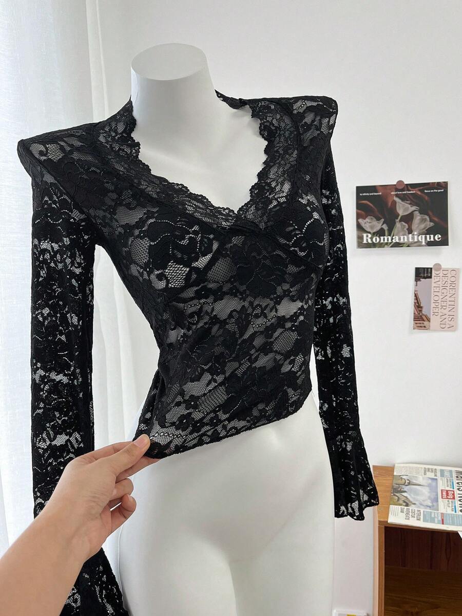 DAZY Women's Deep V-Neck Long Sleeve Ruffle Trim Casual Slim Fit Lace Tee Sheer