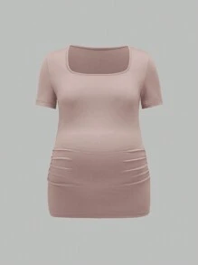 Modmama Maternity Short Sleeve Solid Color Pleated T-Shirt, Simple And Casual Everyday Wear