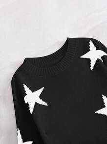 SHEIN Leap Crew 宽松圆领星形图案休闲毛衣，适合年轻女孩，星形毛衣，黑色女童毛衣 - 黑與白 - 查看 3