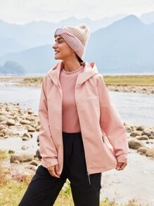 Women's Solid Color Long Sleeve Zip Front Hooded Casual Outdoor Jacket - Pink - View 6