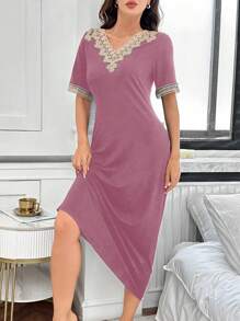 Women's Solid Color Patchwork V-Neck Short Sleeve Casual Nightgown - Pink - View 4