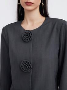 Heiryn 2 件套女士秋季优雅纯色 3D 花卉装饰夹克和裙子套装 2 件套 - 灰色 - 查看 4