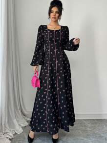 Al Najma 女式优雅迷你碎花灯笼袖阿拉伯风格长裙，秋季，端庄