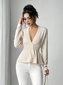 Firerie Blusa casual de manga larga con botones frontales de unicolor, para uso diario - Albaricoque - Ver 5