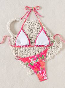 SHEIN Swim Women's Floral Print Sexy Halter Tie Bikini Swimwear, Split-Style, Random Print Summer - Pink - View 2