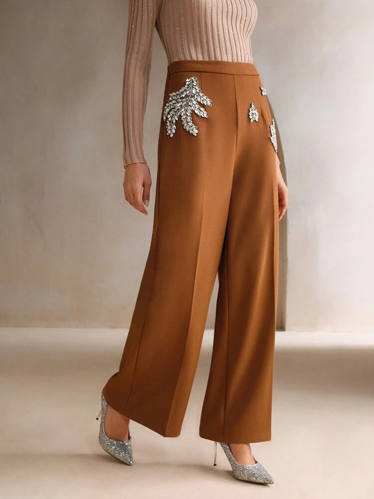Pantalon élégant et à la mode pour femmes, avec embellissements en strass, coupe ample des jambes