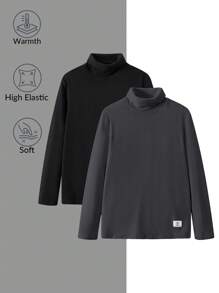 SHEIN 2 pièces/set Hauts à manches longues en polaire col roulé décontractés et polyvalents pour garçons adolescents, assortiment blanc et noir