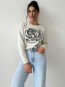 Firerie 女士优雅玫瑰花朵图案宽松卡其色毛衣，休闲通勤风格，秋冬 - 杏色 - 查看 3