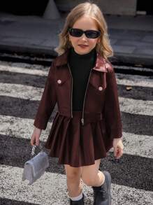 3 件套：黑色长袖常规肩部皮夹克、酒红色高领上衣和迷你皮裙，适合年轻女孩的休闲甜美时尚风格，秋冬 - 酒紅色 - 查看 3