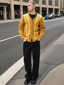 Manfinity Hypemode 男士休闲日常拼色纽扣前开衫，秋冬外出落肩厚实休闲拼色开衫，送给老公、男朋友的礼物 - 彩色 - 查看 3