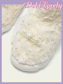 Dola Lovely 可爱仙人掌图案保暖拖鞋，蓬松包头保暖厚底女士家居拖鞋，秋冬新年假期 - 白色 - 查看 7