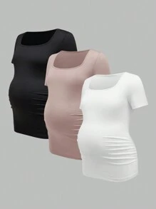Modmama Maternity Short Sleeve Solid Color Pleated T-Shirt, Simple And Casual Everyday Wear