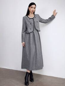Heiryn 女装秋季双排扣圆领长袖夹克和吊带连衣裙优雅两件套 - 灰色 - 查看 5