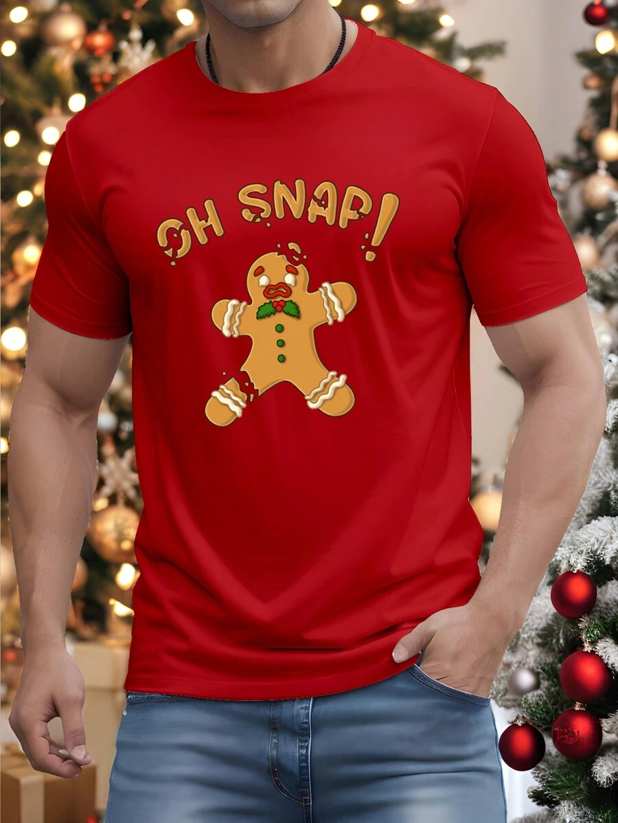 Manfinity Homme 男士可爱趣味姜饼图案红色 T 恤，休闲圣诞 T 恤 - 紅色 - 查看 1