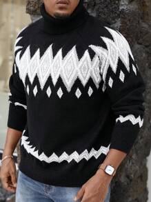 Manfinity Homme Suéter informal de cuello alto de manga larga con detalle gráfico y colorido para hombres, para salir, esposo