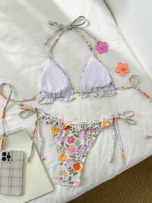 SHEIN Swim Random Print Women Sweet Floral Pattern Ruffle Shell Pendant Tie-Front Bikini Set Summer - Multicolor - View 2