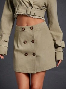 Hauture Casual Solid Twill Button Detail Skirt - Khaki - View 3