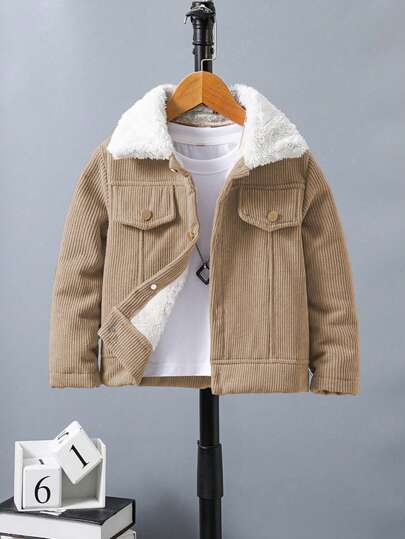 SHEIN Mali chłopcy Obroża Borg Szczegóły klapy Sztruksowy Płaszcz