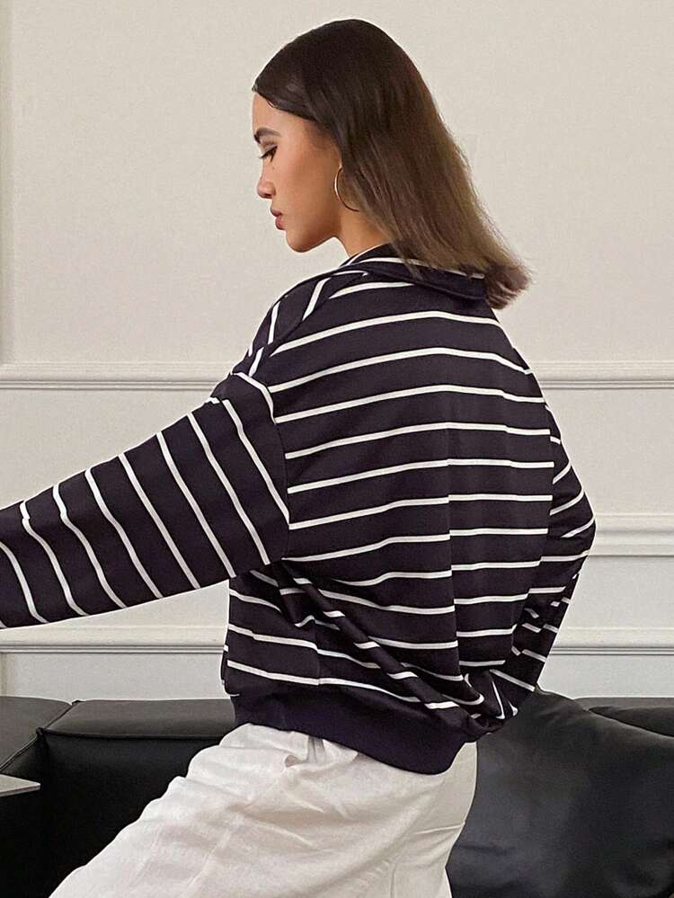 Contrast Striped Loose Long Sleeve Zipper Polo Collar Sweatshirt For Women,Fall Women Clothes