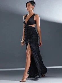 Hauture Sleeveless Satin Fringe Maxi Christmas Formal Dresses For Women With Lace Up Back And Side Slit