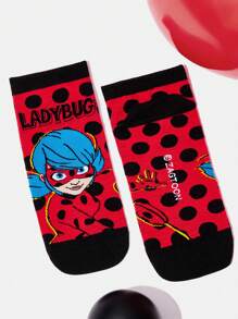 Miraculous Ladybug X SHEIN 2pcs Cartoon Figure And Polka Dot Pattern Ankle Socks Set, Women
