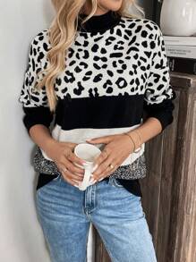 SHEIN LUNE 女士宽松落肩长袖豹纹撞色套头毛衣，秋冬针织套头衫 - 彩色 - 查看 6