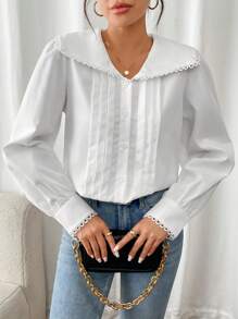 Calvaya Blusa blanca holgada de manga larga con cuello Peter Pan, bajo de encaje y recortes, estilo romántico francés y plisados