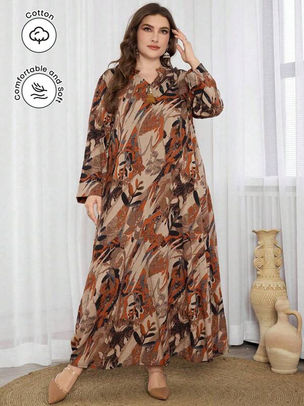 Al Najma Casual Floral Print V-Neck Fringe Decor Long Sleeve Loose Midi Dress For Plus Size, Spring & Autumn, Modest Boho Tunic Maxi Dresses, For Casual Daily Fall Cloth For Women