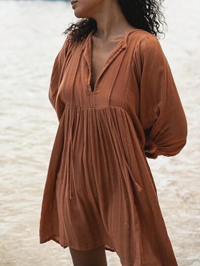 Vestido midi de manga farol de unicolor casual de vacaciones para mujer